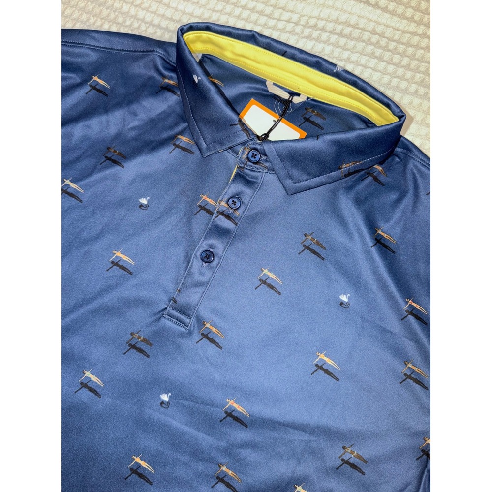 Swannies Pier Polo Mens Large Navy Blue Swimmer Print Golf Performance Shirt NEW